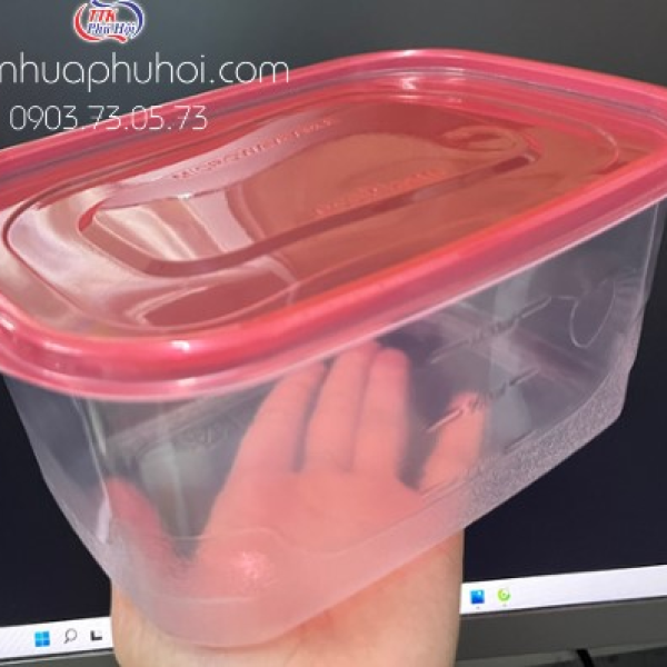 Hộp nhựa chữ nhật nắp đỏ 1900ml đựng salad trái cây